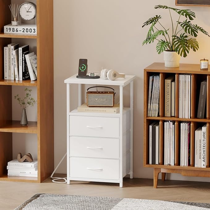 Fixwal White Night Stand, Nightstand with Charging Station, End Table, Bedside Table with Fabric Drawers for Bedroom