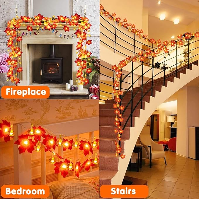 2 Pack Thanksgiving Decorations Fall Garland with Pumpkin Lights Fall Decorations for Home, Total 60 LED 20 Ft Maples Leaves Thanksgiving Lights Battery Operated Autumn Decor Indoor Outdoor Christmas