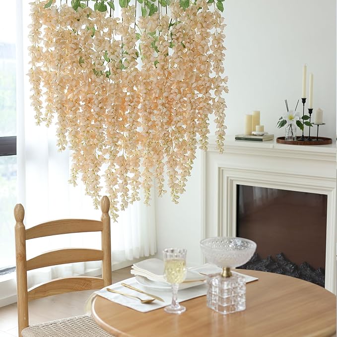 mizii 6Pcs Beige Wisteria Hanging Flowers 48" Silk Wisteria Artificial Flowers Garland Vines Fake Hanging Flowers Decoration for Wedding Flower Wall Backdrop Centerpieces Party Room Decor (Beige)
