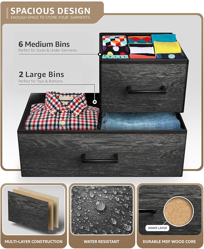 Sorbus Dresser with 8 Faux Wood Drawers - Chest Organizer Unit with Steel Frame Wood Top & Handle Easy Pull Fabric Bins for Clothes - Wide Storage Furniture for Bedroom Hallway, Living Room & Closet