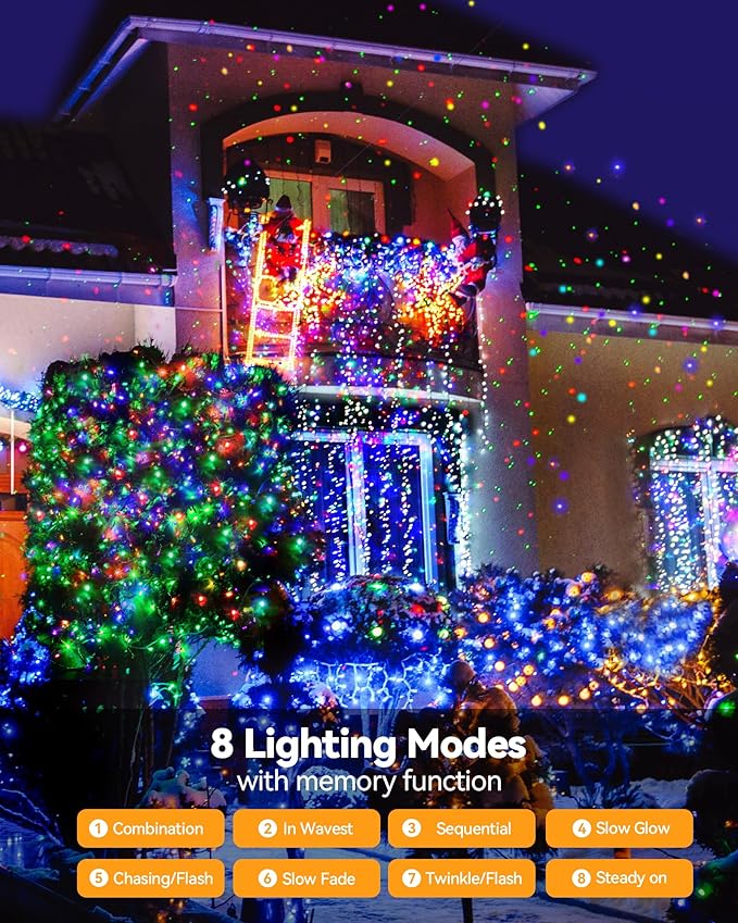 Blingstar Christmas Lights Multicolor 66 Ft 200 LED String Lights 30V Plug in Connectable Twinkle Lights 8 Modes Bright Green Wire Decorative Lights for Indoor Outdoor Xmas Tree Bedroom Holiday Party