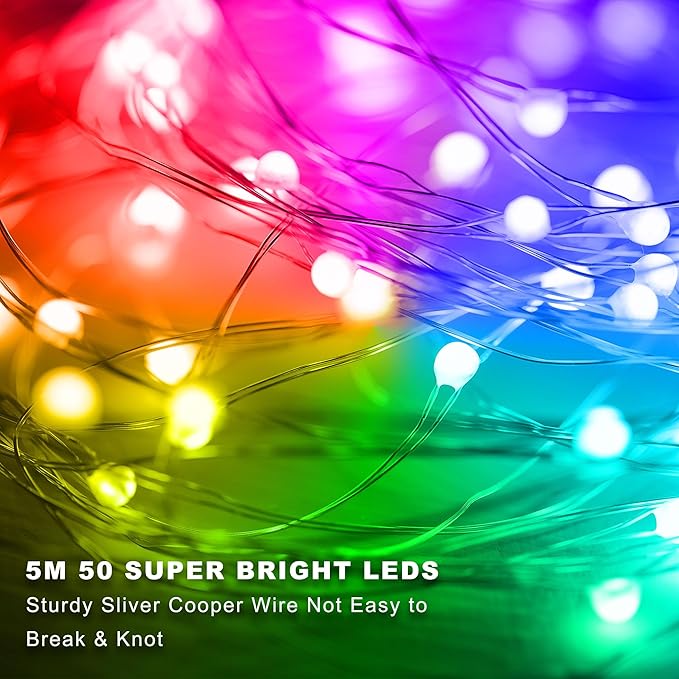 Christmas Multicolor Fairy Lights Battery Operated 2 Pack 16.4Ft 50 LEDs Silver Copper Wire Twinkle Lights for Bedroom Indoor Outdoor Wedding Dorm Parties Holiday Yard Decorations