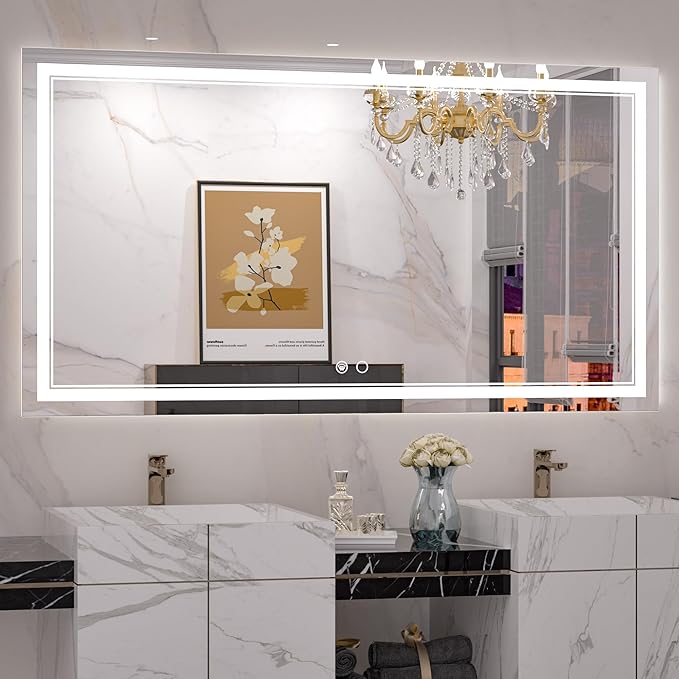 Keonjinn 55 x 30 Inch Bathroom LED Mirror, Oversized Lighted Bathroom Mirror, UL Listed LED Driver, HD Tempered Glass, Easy Installation, Anti-Fog, Memory Dimmable 6000K, CRI 90+(Horizontal/Vertical)