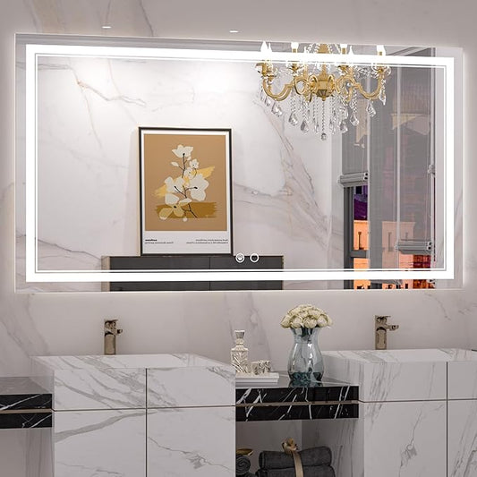 Keonjinn 55 x 30 Inch Bathroom LED Mirror, Oversized Lighted Bathroom Mirror, UL Listed LED Driver, HD Tempered Glass, Easy Installation, Anti-Fog, Memory Dimmable 6000K, CRI 90+(Horizontal/Vertical)