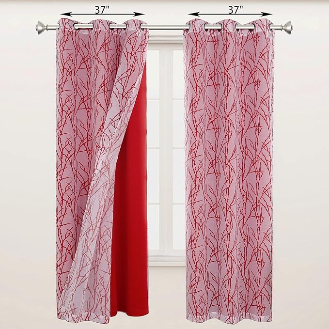 BONZER Mix and Match Curtains - 2 Pieces Branch Print Sheer Curtains and 2 Pieces Blackout Curtains for Bedroom Living Room Grommet Window Drapes, 37x63 Inch/Panel, Red, Set of 4 Panels