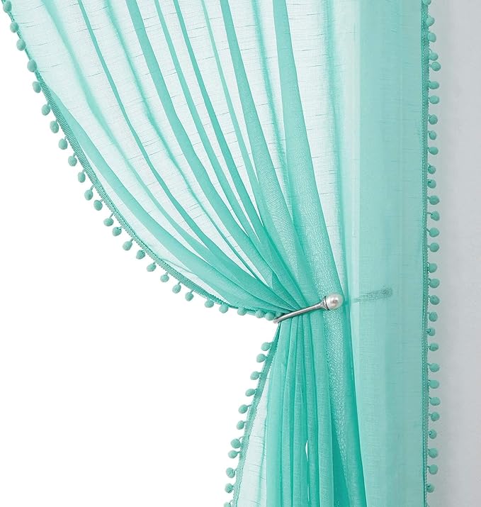 Treatmentex Pompom Sheer Curtains for Kids-Room 72" Aqua-Blue Slub Textured Window Sheer Panels for Bedroom Living Room 52" Wide, 2 Panels Rod Pocket