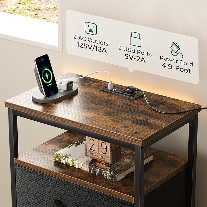 Huuger Night Stand with Charging Station, 4 Drawer Dresser for Bedroom, Bedside Table, 33.9 Inch Tall Nightstand with Open Shelf, End Table, for Closet, Entryway, Bedroom, Rustic Brown and Black