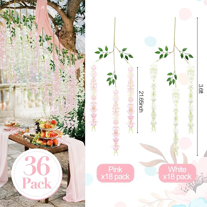 Giegxin 36 Pcs Artificial Wisteria Hanging Flowers 3.6 ft Artificial Fake Wisteria Vine Rattan Hanging Garland Silk Flowers String for Wall Home Wedding Party Greenery Decorations (Pink,White)