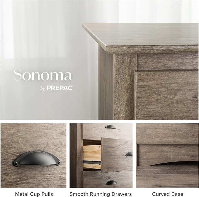 Prepac Salt Spring Rustic 6-Drawer Tall Dresser for Bedroom, Farmhouse Dresser Chest of Drawers 19" D x 23.25" W x 52.75" H, Drifted Gray, DDC-2354