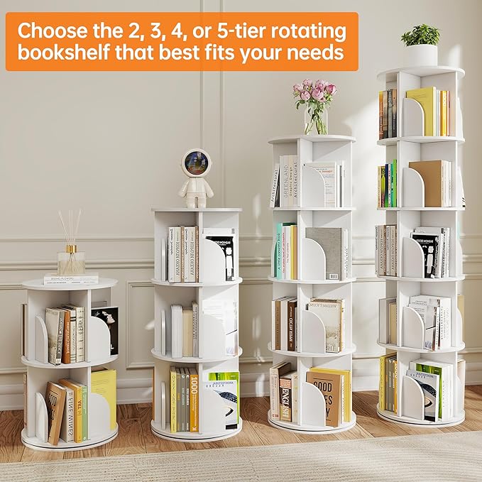 Rotating Bookshelf 5 Tier, 360 Degree Spinning Corner Bookcase with Lazy Susan, White Space Saving Tower Organizer for Small Spaces, Bedroom, Living Room, Adults