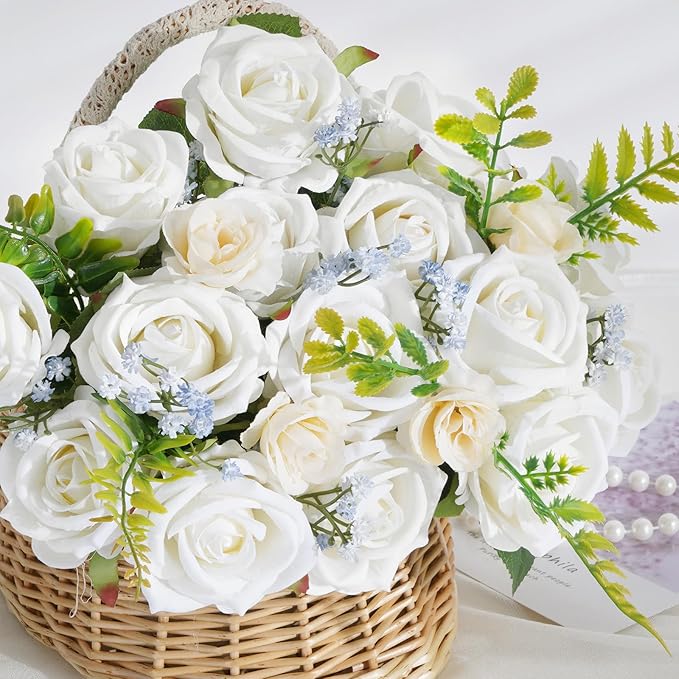 BLEUM CADE 100 Pcs White Roses Artificial Flowers, Real Touch Velvet Roses Fake Flowers Bulk, Artificial Roses Bouquet with Long Stems Bridal DIY Wedding Party Centerpiece Decorations