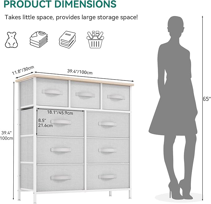 YITAHOME 9 Drawer Dresser, Light Gray Fabric Storage Tower, Tall Organizer Unit for Room, Living Room, Hallway, Closets - Sturdy Steel Frame, Wooden Top & Easy Pull Bins