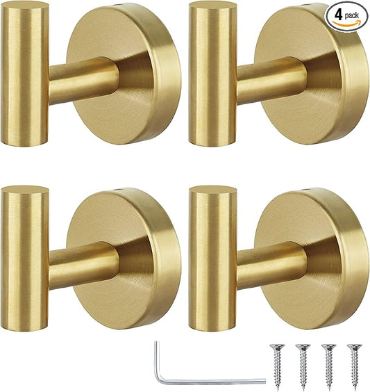 Towel Hooks Bathroom Coat Robe Hook Stainless Steel Heavy Duty Door Hanger Towel Robe Clothes Cabinet Wall for Bathroom Bedroom Kitchen Hotel Pool 4 Packs (Gold)