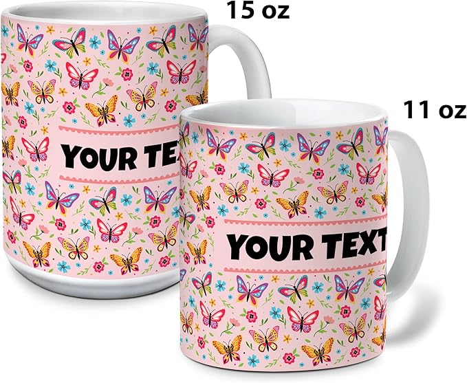 Personalized Mug for Kids - Butterflies - Custom Name/Text, Ceramic Hot Chocolate/Cocoa/Coffee Cup for Girls, Birthday/Christmas/Holiday Gift - 11 oz, Red Handle