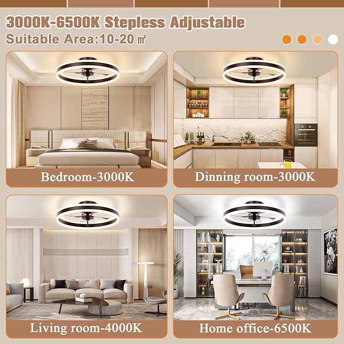 VOLISUN Low Profile Ceiling Fans with Lights and Remote, 19.7in Flush Mount Ceiling Fans with Light, 3000K-6500K Dimmable Fandelier LED Fan Light, Brown Bladeless Ceiling Fans with Lights for Bedroom