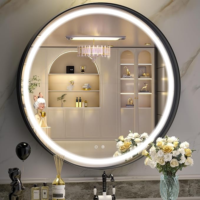 Hasipu 32 Inch Round LED Mirror for Bathroom with Lights, Black Circle Vanity Mirror for Wall, Metal Framed Frontlit Bathroom Mirrors Anti-Fog, Dimmable, 3 Colors Lighted Makeup Mirror Wall Mounted