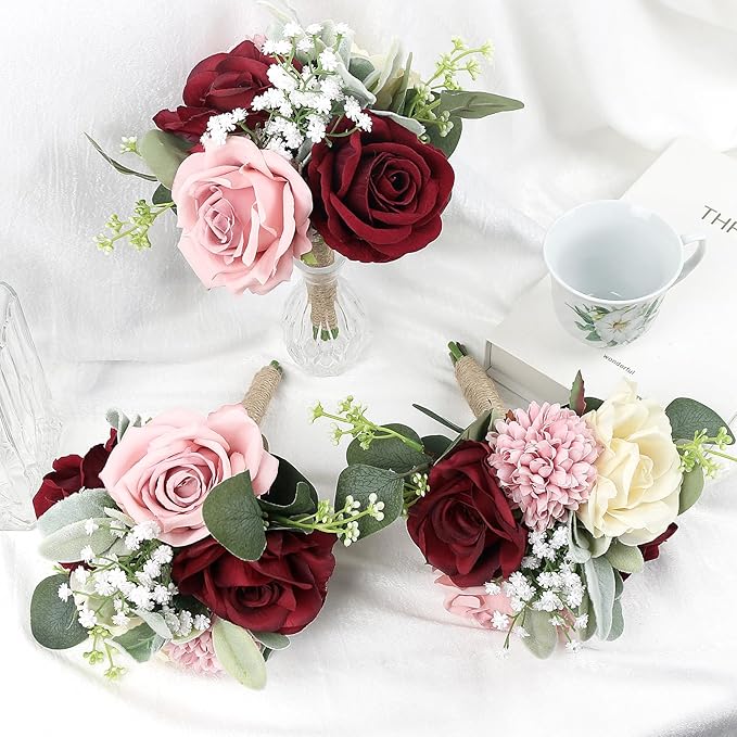 Set of 2 Artificial Bridesmaid Bouquets Blush & Burgundy -7 Inch Silk Rose Wedding Flower Bouquets for Bridesmaid Holding Flowers , Bridal Shower, Wedding Centerpiece Ceremony and Anniversary