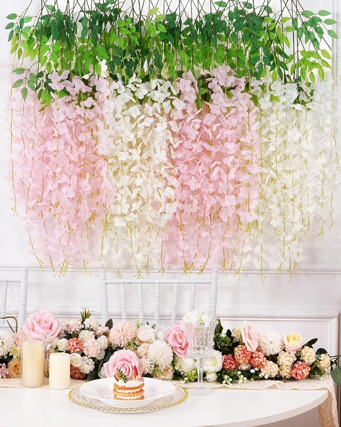 60 Pack White Pink Wisteria Hanging Flowers, Fake Hanging Flowers for Decoration, Artificial Flowers,Vines for Bedroom,Flower Garland for Home,Party,Garden, Wall,Wedding Decoration(3.6 Ft/Pcs)