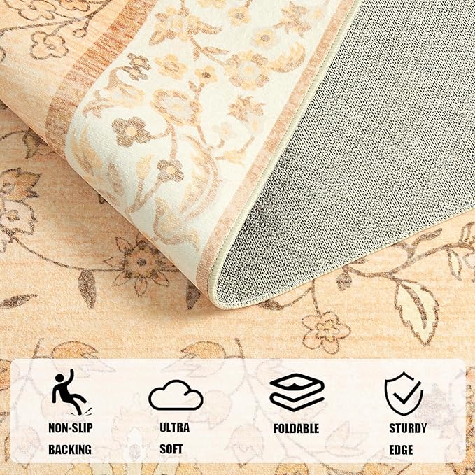 LOCHAS Washable Area Rugs 4x6, Peach Floral Rug for Living Room Bedroom Non Slip, Ultra Soft Vintage Indoor Carpet for Kids, Nursery, Dorm, Dining Room, Classroom, Boho Flower Home Decor, Low-Pile