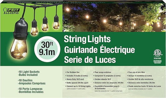 Feit Electric 30ft Outdoor Incandescent String Lights, Warm Amber Glow, Heavy-Duty Weatherproof Cord, Includes 10 Clear Bulbs + 5 Spares, End-to-End Connectable for Patios and Gazebos, SL30-10