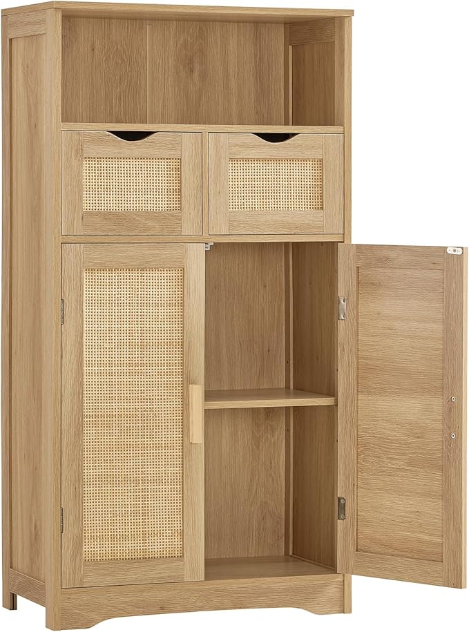 Iwell Storage Cabinet with 2 Drawers & Adjustable Shelves, Rattan Cabinet, Kitchen Pantry Cabinets, Cupboard for Living Room, Kitchen, Home Office, Natural