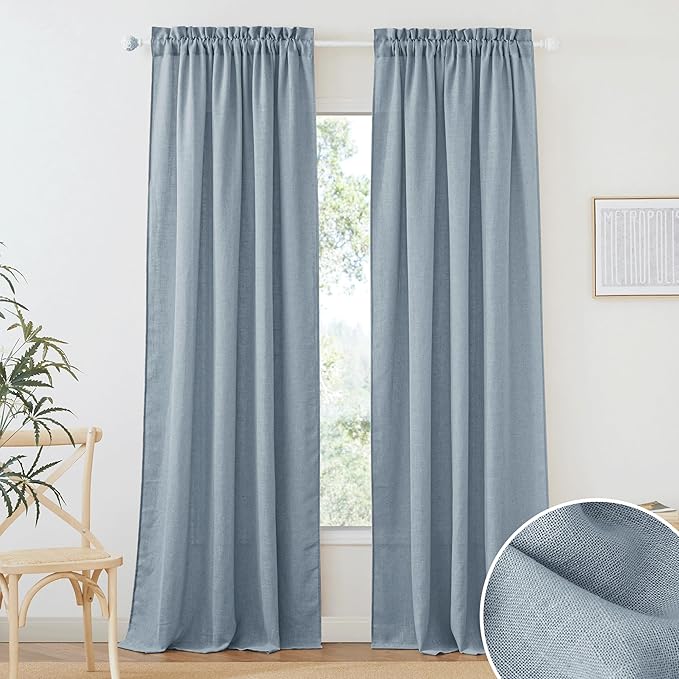 RYB HOME Flax Linen Blend Curtains 102 inches Long for Living Room, Semi Translucent Privacy Protection Light Filtering Decorative Drapes for Bedroom, W 52 x L 102 inches, Dusty Blue, 2 Panels