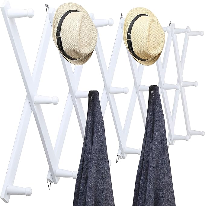 WEBI Accordion Wall Hanger,Wooden Expandable Coat Rack Wall Mounted,Accordion Hat Rack for Wall,Accordion Hook Rack for Hats,Caps,20 Peg Hooks,White