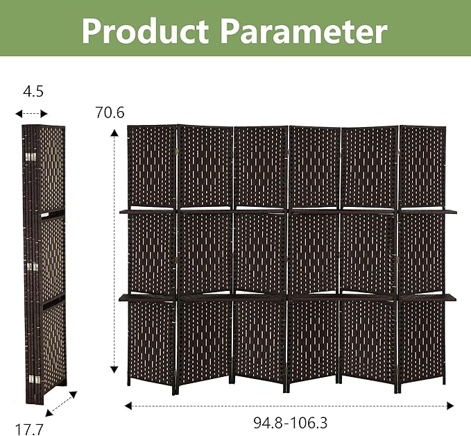 Room Divider 6 Panel Room Screen Divider Folding Portable partition Screen Wood with Removable Storage Shelves, Dark Brown