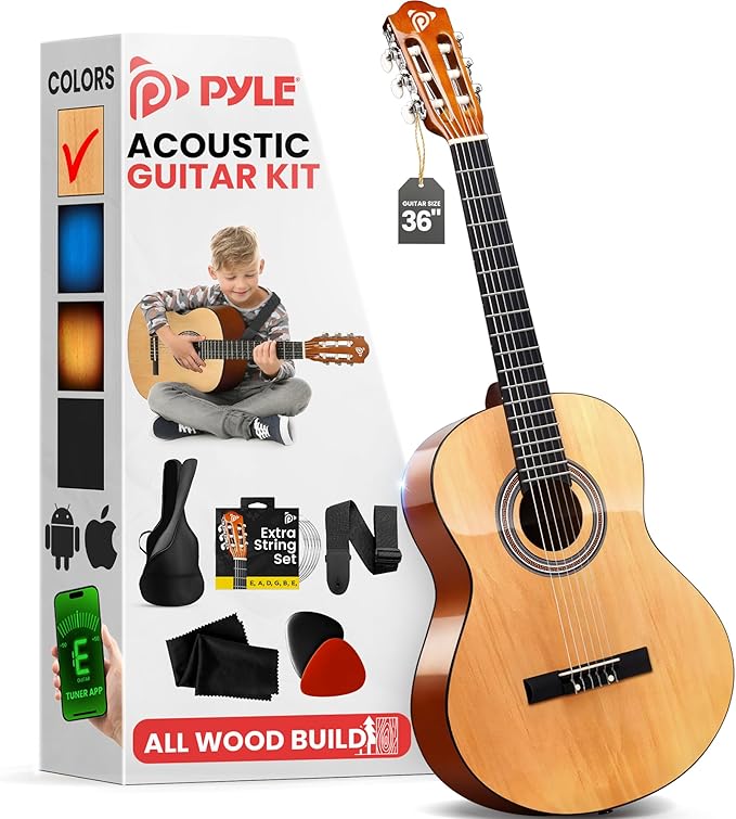 Pyle 6-String Classic Guitar-3/4 Size Scale Guitar with Digital Tuner & Accessory Kit (36’’ -inch), Right, 2 Ash, Gloss, (PGACLS82.X9)