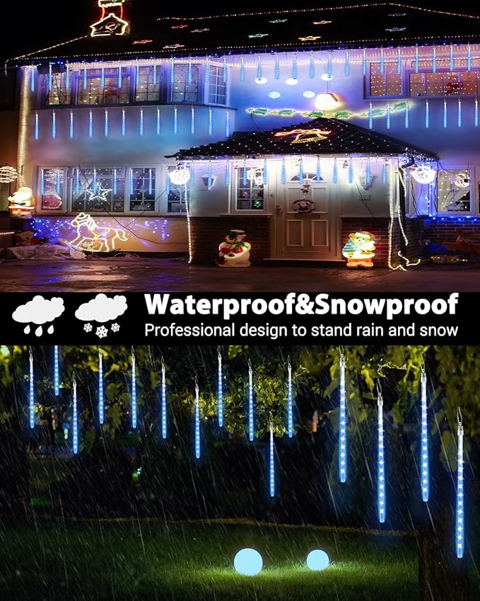 Joomer 2Pack Christmas Lights Outdoor, 11.8 inch 10 Tubes 240 LED Meteor Shower Lights, LED Falling Icicle Cascading Light with Timer Waterproof and Connectable for Christmas Decoration (Blue)