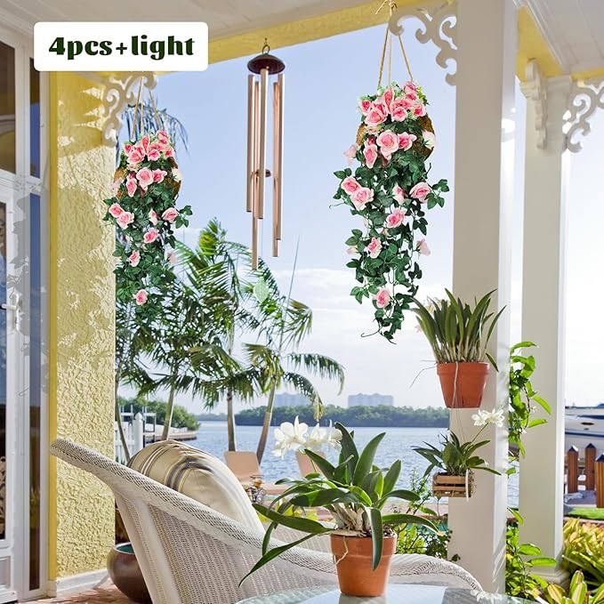 RECUTMS 4PCS Artificial Rose Hanging Flower 32 in Fake Garland for Home Room Garden Wedding Indoor Outdoor Decoration (Champagne)