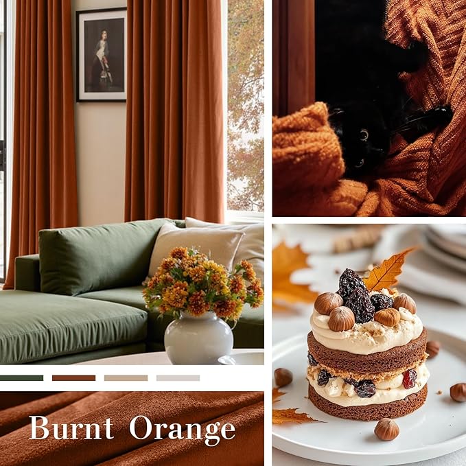 Lazzzy Velvet Blackout Curtains Thermal Insulated Room Window Drapes Super Soft Luxury Curtains for Living Room Bedroom Rod Pocket 2 Panels, Burnt Orange, 52" W x 96" L