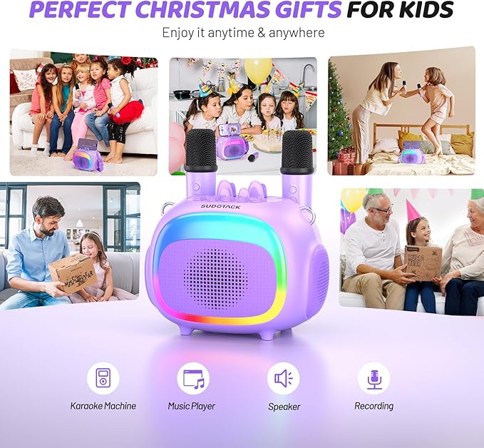 SUDOTACK Mini Karaoke Machine for Kids, Portable Bluetooth Karaoke Speaker with 2 Wilreless Microphones with LED Lights, Birthday Kids Toys Gifts for Girls 4, 5, 6, 7, 8, 9, 10 +Year Old-Purple(KM100)
