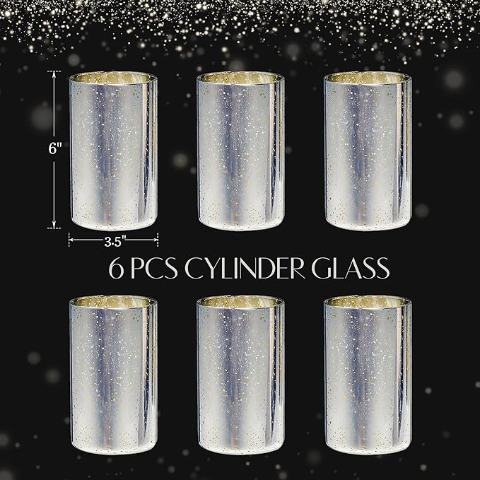 Silver Candle Holder Hurricane Candle Cylinder Vases for Centerpieces Set of 6 for Wedding Table Centerpiece