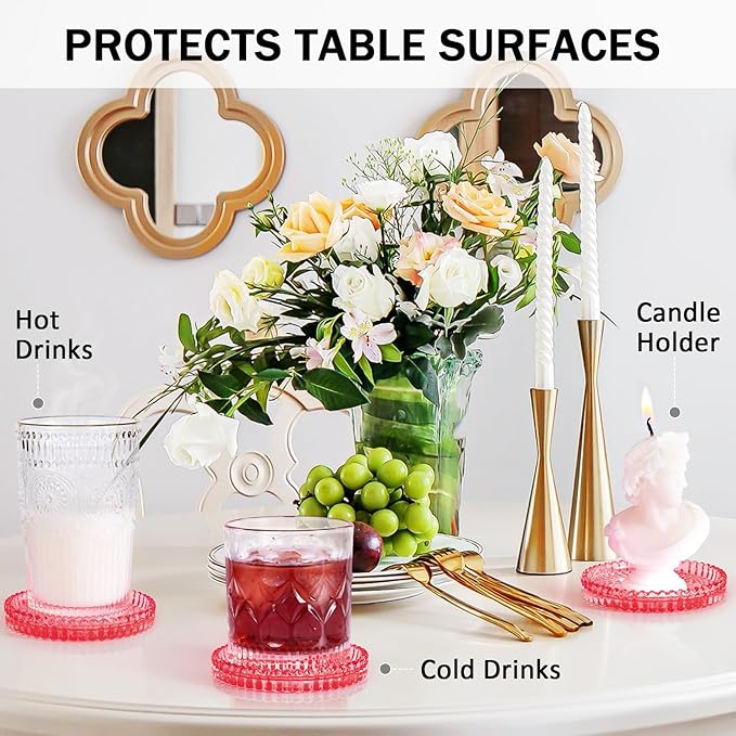 Glass Candle Holders, GOH DODD Set of 8 Crystal Pillar Plates Modern Coasters for Drinks, Centerpiece, Home Decor, Kitchen, Living Room, Patio, Wedding, Halloween, Christmas, Party, Clear Red