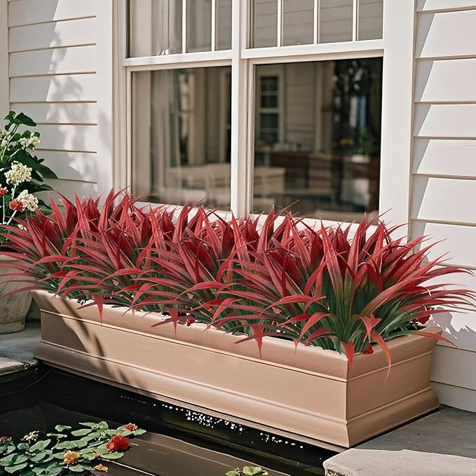 Ouddy Decor 20 Pcs Fake Outdoor Plants Artificial Grass Greenery Stems Faux Plastic Plants UV Resistant for Fall Indoor Outside Garden Hanging Planter Pathway Porch Patio Window Box Home Decor, Red