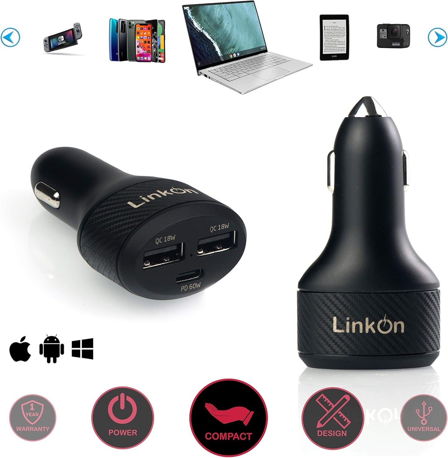 LinkOn 84W USB C Car Charger with 60W PD3.0 and 18W QC3.0 Ports, Compatible with MacBook, Dell XPS, Google Chromebook,