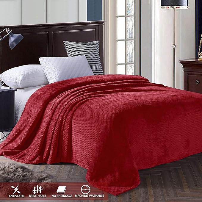 Exclusivo Mezcla Fleece Bed Blanket King Size, Super Soft and Warm Blankets for Couch, Sofa and Bed Waffle Textured, Cozy, Fuzzy and Lightweight (Deep Red, 90x104 Inches)