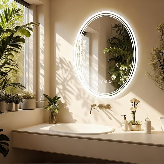 20''x28'' Oval Lighted Mirrors for Bathroom Wall Backlit + Front Lit, Oval LED Bathroom Mirror Frameless with Lights Anti Fog, Dimmable, 3 Colors,Tempered Glass, Shatter-Proof