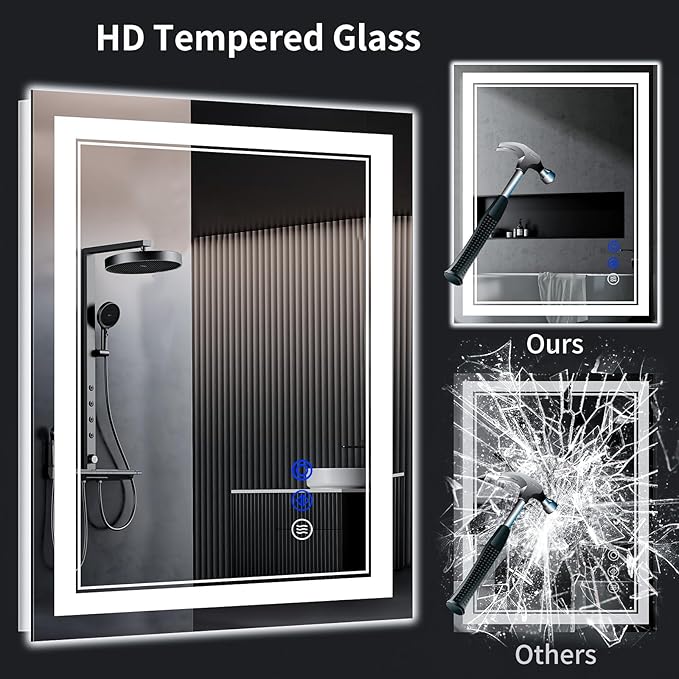 38"x30" LED Bathroom Mirror with Anti-Fog, Stepless Dimmable Lights, 3 Color Modes, Shatter-Proof Tempered Glass, Memory Function & Waterproof Design