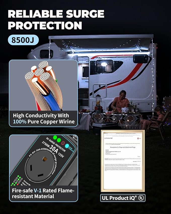 RV Surge Protector 30 amp,2026 Upgraded 30A RV Surge Protector, 8500J Surge Protection with IP68 Cover, RV Circuit Analyzer with LED Indicator, UL/FCC Certified for Camper/125V RV Appliances