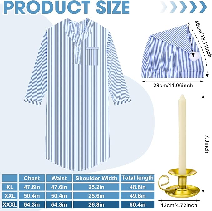 Toulite 4 Pcs Men's Pajama Set Includes Men's Nightshirt Night Sleeping Cap Candle Holder and Candle for Halloween Christmas(Large)