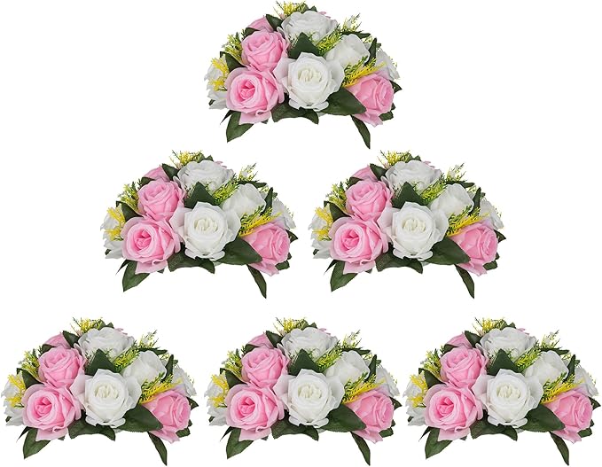 BLOSMON Flower Balls Rose Centerpieces: 6 Pcs 9.5 Inch Pink Fake Flowers Kissing Balls Decor Artificial Wedding Floral Arrangements Silk Flower Bouquet with Base Home Party Room Table DIY Decorations