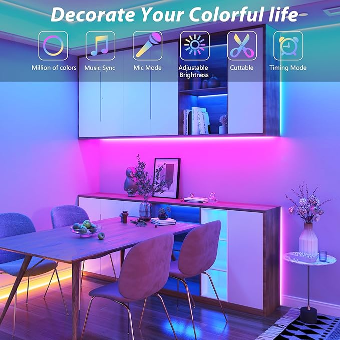 Led Lights for Bedroom 130ft (2 Rolls * 65ft) Music Sync Color Changing Led Strip Lights with 60 Key Remote and App Control RGB Led Light Strip for Home Party Room Decoration