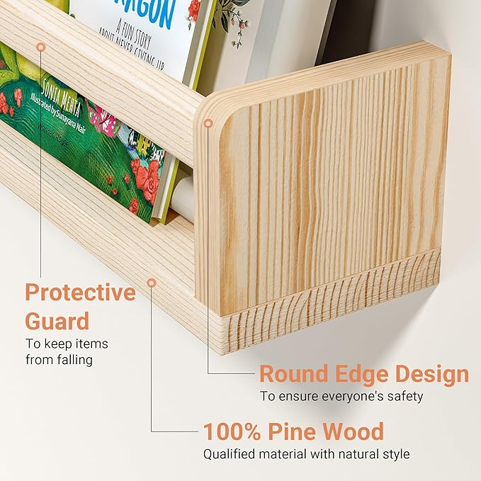 Heimlove Nursery Floating Shelves, Wood Nursery Book Shelves for Wall, 24 inch Wall Bookshelf for Kids Solid Wood for Books,Toys and Decor Storage, Set of 3