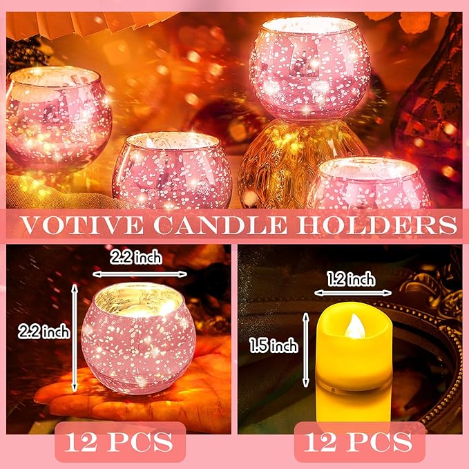 Rtteri 12 Set Votive Candle Holders Wedding Centerpiece Table Decorations Speckled Mercury Glass Votive Candle Holders with Tea Lights Birthday Party Decorations for Home (Pink)