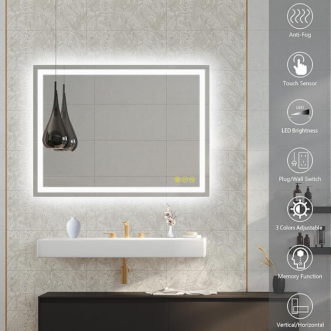 Wall-Mounted LED Square Bathroom Mirror, Makeup Mirror (32 inches x 24 inches,) 3 Color Dimming Bathroom Vanity Mirror with Lights Smart Mirror with Touch (Horizontal/Vertical)