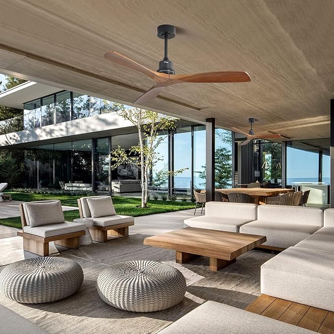 Sofucor 52 inch Ceiling Fan No Light, Solid Wood Indoor/Outdoor Ceiling Fans Without Lights, Remote Control, Reversible DC Motor, 3 Blade Low Profile Ceiling Fans for Patios, Bedroom, Farmhouse