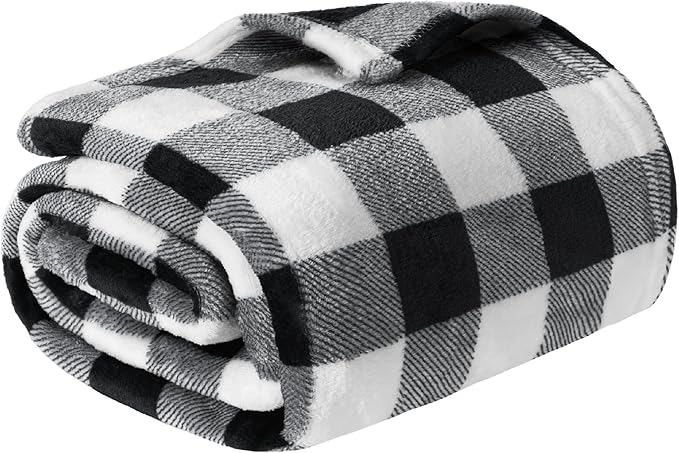 PAVILIA Black and White Buffalo Plaid Fleece Bed Blanket King Size, Soft Checkered Flannel Blanket for Sofa, Plaid Christmas Couch Throw Bed, Warm Cozy Decorative Blanket Fall Decor Gift, 90x90