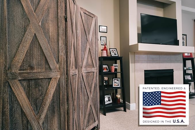 Premium Home 4-Panel Room Divider – Rustic Brown Barn Door, X Pattern Folding Privacy Screen, Partition Wall